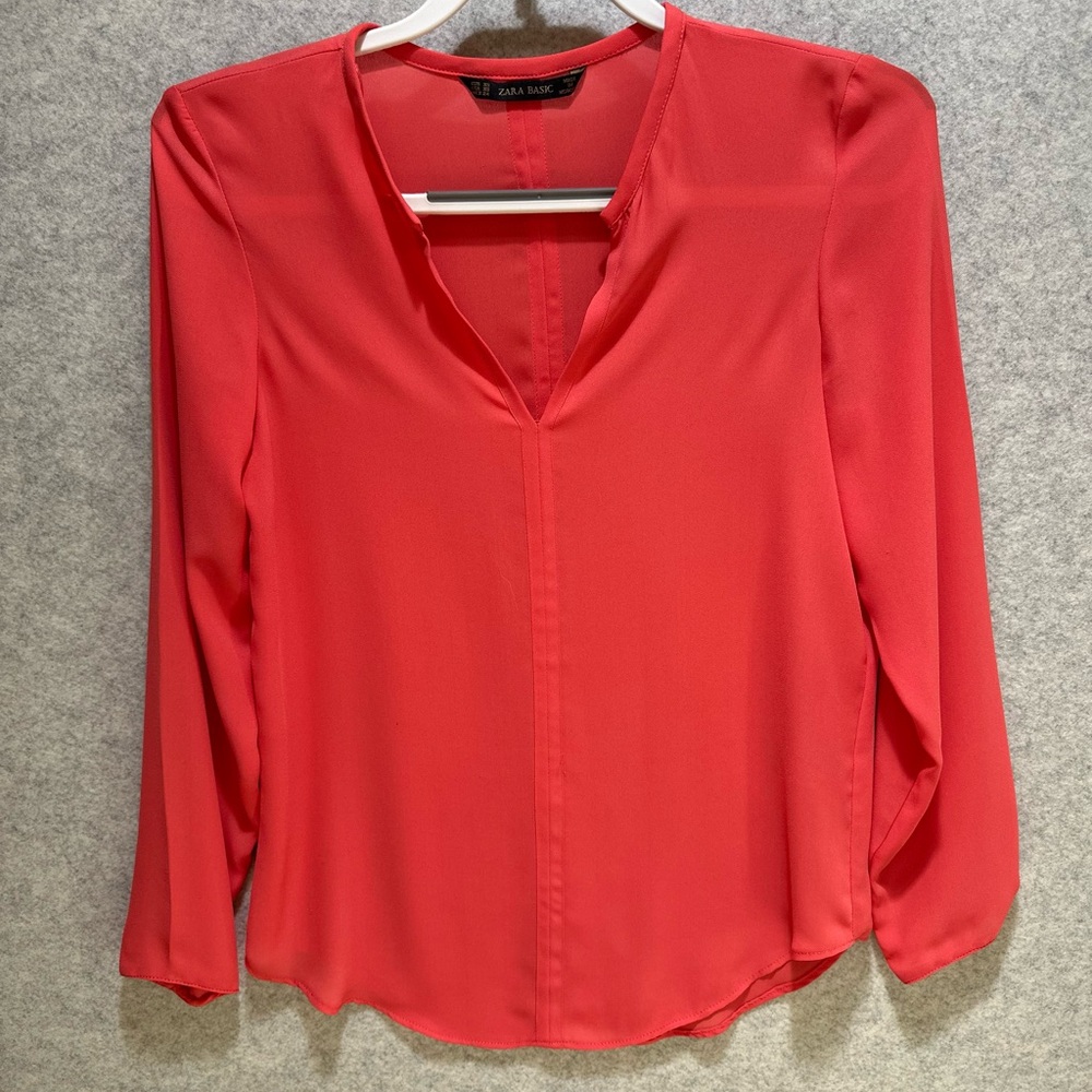 Zara Salmon V-Neck Long-Sleeve Blouse